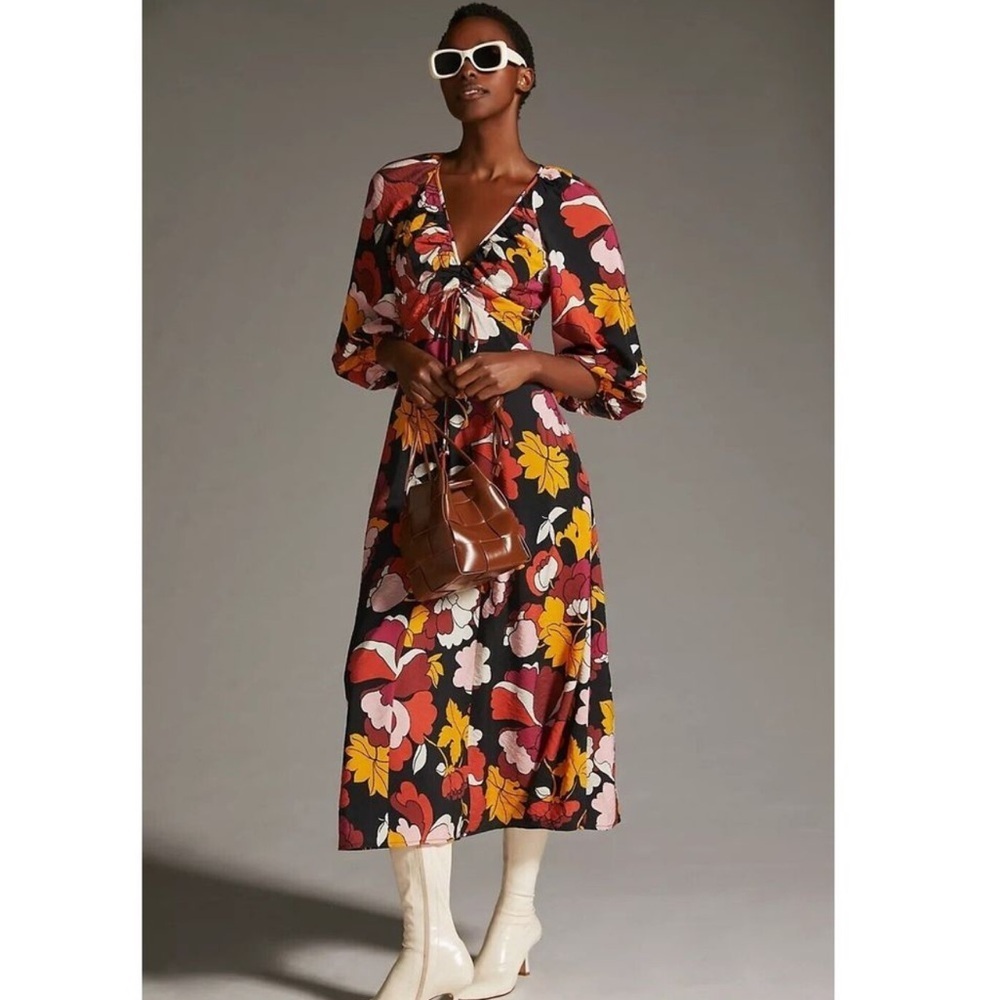 Maeve by Anthropologie Deep-V Ruched Midi Dress